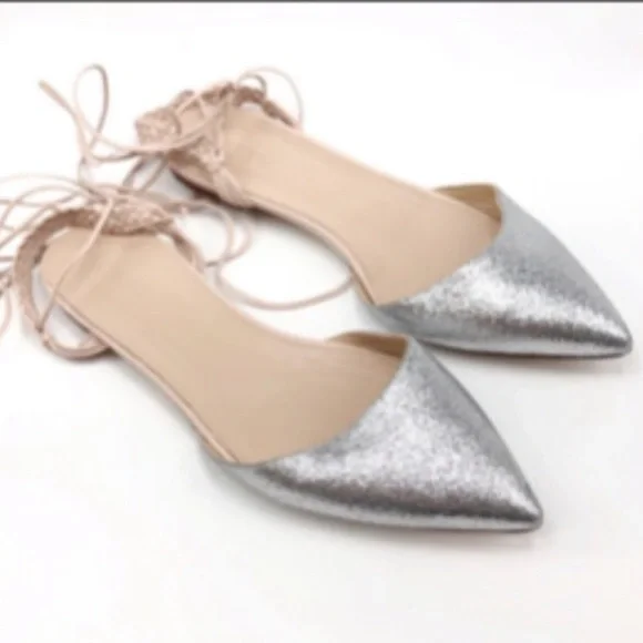 “J. CREW”, Women, Sz 7.5, Silver Sparkle Glitter w/Beige Ankle Tie-Up Flat Shoes - Picture 9 of 9